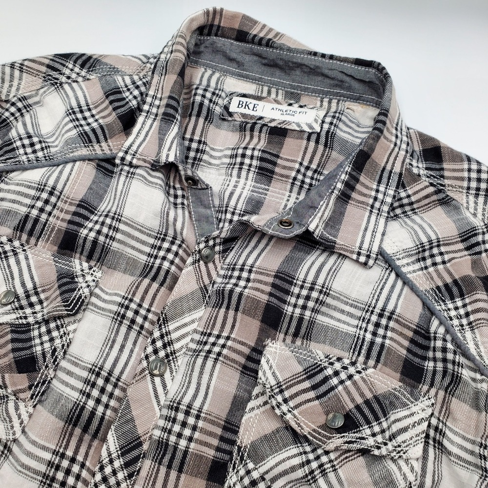 BKE Athletic Fit Plaid Long Sleeve Button Down Shirt XL Black White Tan 11597FPW